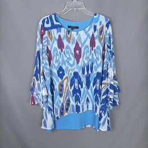 Calessa Top Womens XL Blue Layered Bell Sleeve Tunic Blouse Tiered Stretch